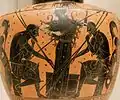 Ungerüstete Krieger mit Athena; schwarzfigurige Hydria, um 510 v.&nbsp;Chr.; Metropolitan Museum of Art, New York