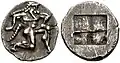 Thasitischer Achtel-Stater (Silber): Satyr, etwa 500–463 v. Chr. (Le Rider: Thasiennes 4), SNG Copenhagen 767395 (11&nbsp;mm, 1,12&nbsp;g)
