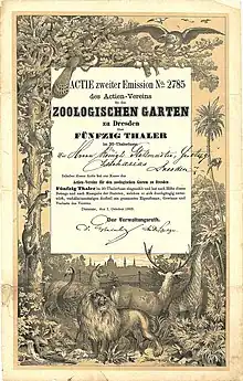 Aktie des Zoologischen Gartens zu Dresden über 50 Thaler, ausgestellt am 1. Oktober 1863