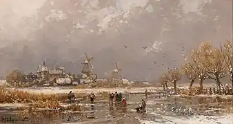 Winterliches Eisvergnügen auf einem zugefrorenen Kanal vor holländischer Stadtsilhouette