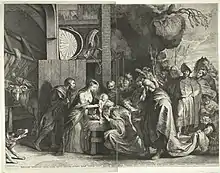 Anbetung der Könige, Lucas Vorsterman d. Ä., nach Peter Paul Rubens, 1621, Radierung auf zwei Platten, 57,0 × 38,6 cm (links) und 55,4 × 35,5 cm (rechts)