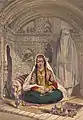 Lithographie von James Rattray, 1842, persische Kizilbasch-Frau in Afghanistan, hinter ihr eine Frau mit Burka