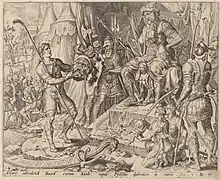David mit Goliats Haupt vor Saul, unbekannter Stecher nach Maarten van Heemskerck, ca. 1556, Kupferstich, 19&nbsp;× 24&nbsp;cm