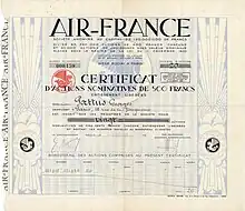 Aktie der Air France S.A. über 20 Anteile zu je 500 Francs, ausgegeben in Paris am 2. August 1937, mit Unterschrift ihres Gründers Ernest Roume als Präsident