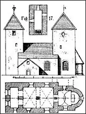 Die Sattelkirche von Alböke nach einer Zeichnung des 19. Jahrhunderts