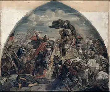 Der Sieg Karls des Großen über die Sarazenen bei Córdoba (778), Historiengemälde (Studie) von Alfred Rethel für den Krönungssaal des Aachener Rathauses, 1849/1850: Neben einer Kreuzesfahne und einer Adlerfahne lässt Rethel über dem siegreichen Frankenheer eine dritte Fahne in den Farben Schwarz-Rot-Gold wehen.