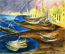 Fischerboote im Hafen, um 1925