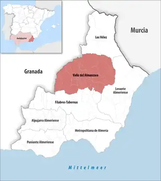 Die Lage der Comarca Valle del Almanzora in der Provinz Almería