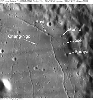 Monira und Umgebung mit den Kratern Chang-Ngo, Ravi, José und Soraya (Lunar Orbiter IV)