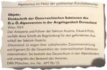 Beschreibung zum Objekt „Denkschrift der Österreichischen Sektionen des D. u. Ö. Alpenvereins in der Angelegenheit Donauland“ (Wien 1924)