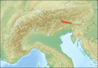 Lage des Karnischen Hauptkamms innerhalb der Ostalpen
