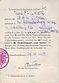 Amtsbescheinigung nach § 4 des Opferfürsorgegesetzes W-Nr. 10239, Karl Fischer (Innenseite)