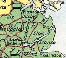 Karte Angelns mit der ursprünglichen Ausdehnung der Husbyharde, welche noch das Gebiet der Munkbrarupharde beinhaltete