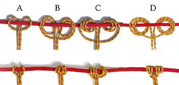 Der Prusikknoten ist eine Erweiterung des Ankerstichs.A= Ankerstich, B= Prusik normal, auch doppelter Ankerstich genannt, C= Prusik (doppelt, außengeschlagen), auch dreifacher Ankerstich genannt, D= Gérard-Hitch (Prusik innen geschlagen).