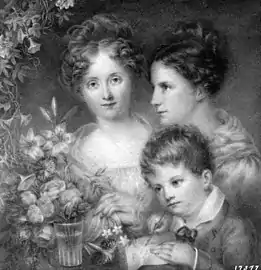Ann Hall, die Schwester Eliza Hall Ward und der Neffe Henry Hall Ward, 1828. Elfenbeinminiatur, 10,8 × 10,8 cm. New-York Historical Society, New York City