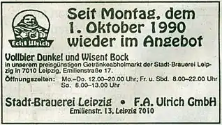 Anzeige der Brauerei F.A. Ulrich am 3. Oktober 1990