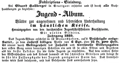 Anzeige für das Jugend-Album im Schwäbischen Merkur, 1859.