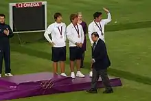 Mannschaftssiegerehrung 2012: Südkorea mit Bronze (v.&nbsp;l.&nbsp;n.&nbsp;r.): Im Dong-yun, Kim Bub-min, Oh Jin-hyek