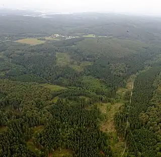Die Kleine Schmalenau im Breitenbrucher Wald, im Hintergrund Breitenbruch.