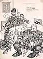 “We’re running short of Jews” (Uns werden die Juden knapp). Karikatur des amerikanischen Zeichners Arthur Szyk, 1943 (von links nach rechts Goebbels, Himmler, Hitler und Göring). Die Karikatur ist Szyks Mutter gewidmet, die in einem Ghetto der Nationalsozialisten im besetzten Polen umgekommen war.