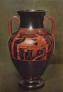 Bilingue Amphora: Herakles auf dem Ruhebett, rotfigurige Seite, München, Staatliche Antikensammlungen B 2301, um 520 v. Chr.