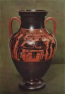 Bilingue Amphora: Herakles auf dem Ruhebett, schwarzfigurige Seite, München, Staatliche Antikensammlungen B 2301, um 520 v. Chr.