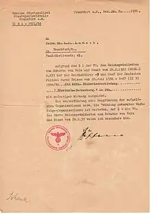 Mitteilung des Verbots durch die Gestapo an den KStV Frankonia-Straßburg