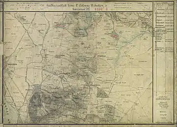 Der Bisamberg und seine Umgebung um 1873, mit den alten Schanzen aus der Zeit um 1866 (Aufnahmeblatt der Landesaufnahme)