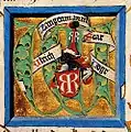 Initiale mit dem Wappen des Augsburger Stadtvogtes Ulrich Langenmantel vom RR. Augsburger Stadtbuch, 1447