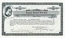 Aktie des Augusta National Golf Clubs, ausgegeben am 24. September 1945, ausgestellt auf L. Sherman Adams, im Original unterschrieben von Bobby Jones als Präsident