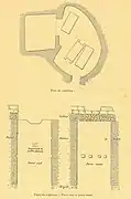 A group of three sketches showing a burial chamber with three rectangles representing sarcophagi, and two burial shafts