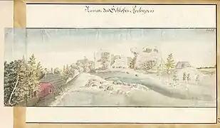 Blick auf die Burgruine über die Große Jägel (1801).