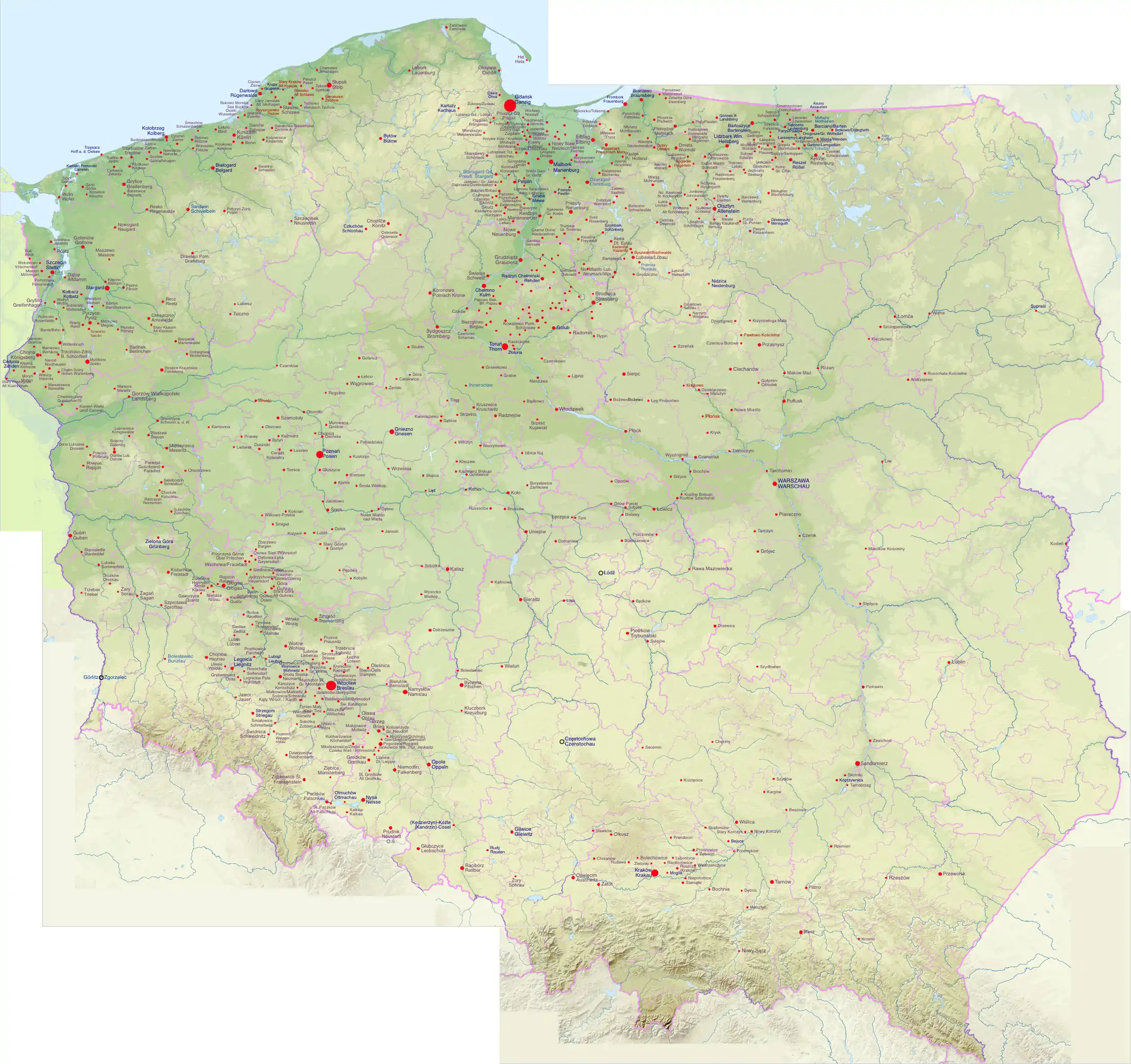 Karte sämtlicher Orte in Polen mit Backsteingotik. Die Größe der Ortspunkte gibt die Anzahl der Bauwerke wider.