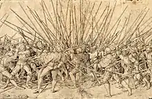 Landsknechte im Gefecht; Darstellung von Hans Holbein