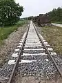 Neu verlegte Schwellen im Bereich eines Bahnübergangs in Bad&nbsp;Laer-Müschen am 20. Mai 2020. Rechts hat man die alten Holzschwellen aufgestapelt.