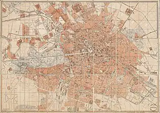 Übersichtskarte für den aus 3 Streifen bestehenden Stadtplan Berlins aus Mittel- und Norddeutschland (D 109) und Berlin nebst Potsdam und Umgebungen von 1878 (1. Aufl., D 200) sowie Pappeinband desselben Titels von 1883 (3. Aufl., D 202)