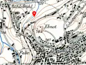 Kopfbahnhof Herisau auf der Siegfriedkarte, Ausgabe 1904. Der rote Punkt markiert den Standort des heutigen Bahnhofs der Südostbahn.