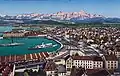 Bahnhof und Hafen Romanshorn um 1910 mit SD Friedrichshafen. Im Hintergrund Alpstein mit Säntis