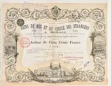 Aktie über 500 Francs der Société Anonyme de Bains de Mer et du Cercle des Étrangers à Monaco, Betreibergesellschaft der Spielbank Monte-Carlo, ausgestellt am 10. Februar 1884