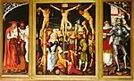 Rückseite: Kreuzigung mit Porträt von Hans Baldung Grien. Seitenflügel: Hieronymus und Johannes d.T., Laurentius und Georg