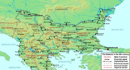 Die Balkanhalbinsel und die spätrömische Diözese von Thrakien in der ein Großteil der Feldzüge der Jahre 591–595 stattfand