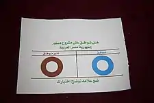Stimmzettel in Kairo für das Verfassungsreferendum mit Nein-Stimme (roter Kreis) und Ja-Stimme (blauer Kreis)