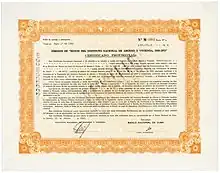 Vorläufiges Zertifikat für eine Anleihe der Banco Nacional de Cuba über 300.000 Pesos, ausgestellt in Havanna am 22. Januar 1960, im Original unterschrieben von Ernesto „Che“ Guevara als Präsident der kubanischen Zentralbank (26. November 1959 bis 23. Februar 1961). Die Anleihe war bestimmt für die Finanzierung der Nationalen Spar- und Wohnungsbaugesellschaft (INAV), zwischen 1959 und 1962 verantwortlich für einen großen Teil des staatlichen Wohnungsbaus in Kuba.