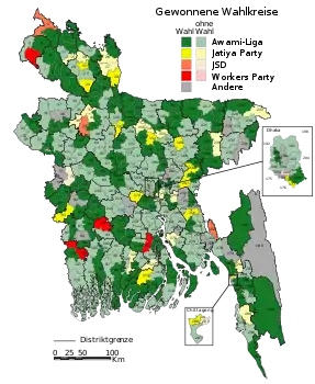 Wahlergebnisse in den Wahlkreisen. In den Wahlkreisen, die in helleren Farben dargestellt sind, fand keine Wahl statt, da nur ein Kandidat antrat. Diese Kandidaten galten automatisch als gewählt.