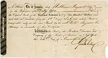 Aktie der Bank of America über 42 Anteile zu je 100 $, ausgegeben in New York am 24. November 1818, eingetragen auf William Bayard, Präsident der Bank ab 1814, im Original unterschrieben von George Newbold als Kassierer, Präsident der Bank ab 1832
