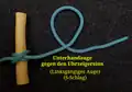 „Unterhandauge gegen den Uhrzeigersinn“ (linksgängig).Von der stehenden Part (links) verläuft das Arbeitsende im Uhrzeigersinn nach links unten.