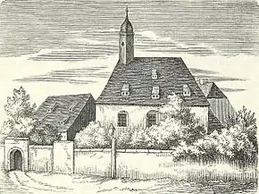 Stich der St.-Bartholomäus-Kirche mit angrenzendem Bartholomäus-Hospital in Dresden