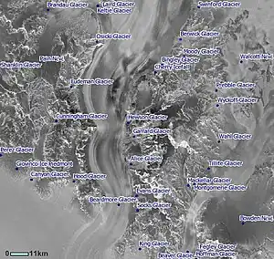 Lage des Alice-Gletschers an der Westflanke des Beardmore-Gletschers (Satelliten-Aufnahme)