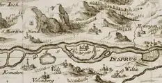 Kranebitten mit alter Sillmündung, Tiergarteninsel, bis Stadt Innsbruck (ca.&nbsp;1700, Ausschnitt aus Insprug mit der Gegend auf 2&nbsp;Stunden)