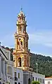 Der eindrückliche barocke Glockenturm des Klosters Panormitis